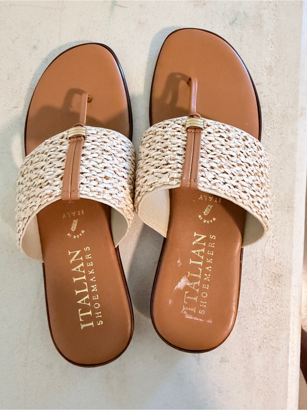 Italian Shoemakers Tan Footbed with Cream Braided Strap Slide Sandals
